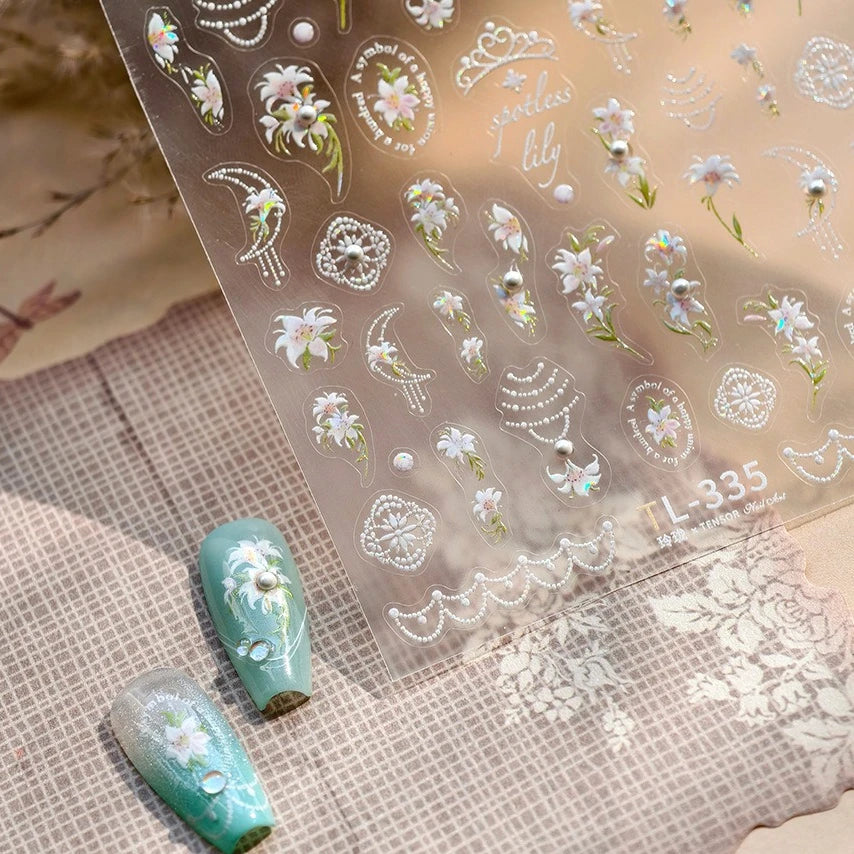 Spotless Lily Lilium Flowers Moon Pearl Crown Lily-white Pearl Necklace Pendant Self Adhesive Nail Art Stickers Manicure Decals (Online Order Only)