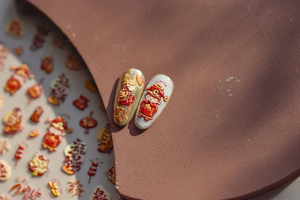 2025 God of Wealth Goldfish Koi Fish Lucky Cat Yuanbao Red Element Adhesive Nail Art Stickers Festival Atmosphere Manicure Decal (Online Order Only)
