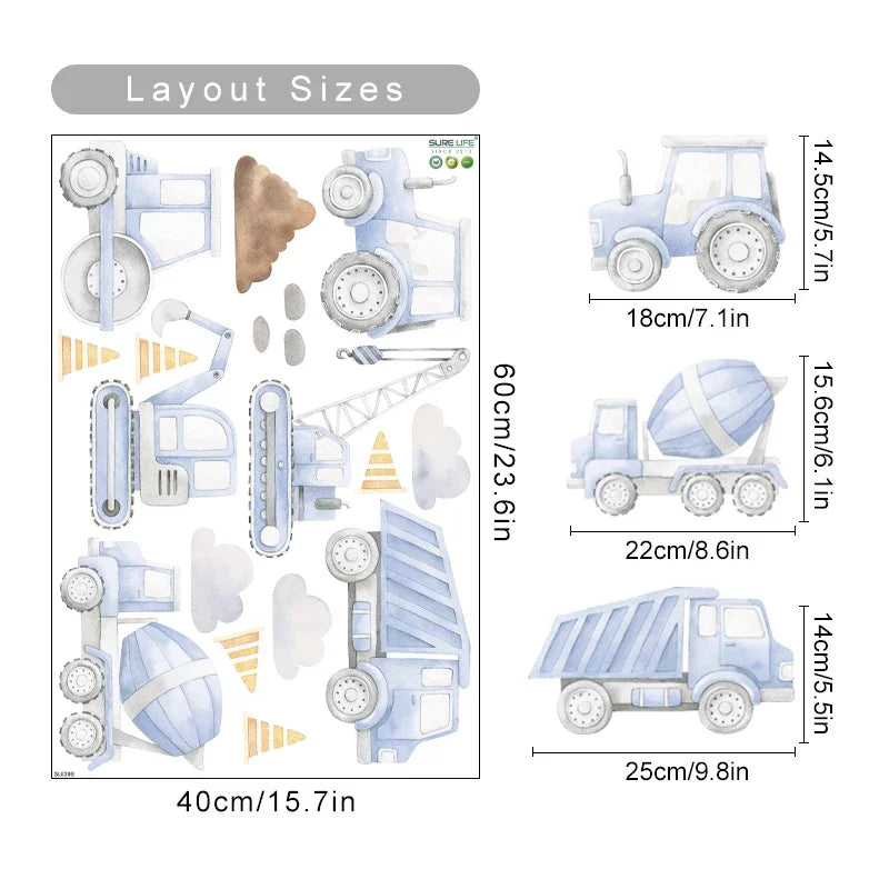 Cartoon Vehicle Watercolor Wall Decals Removable Stickers Boys Room Decor (Online Order Only)