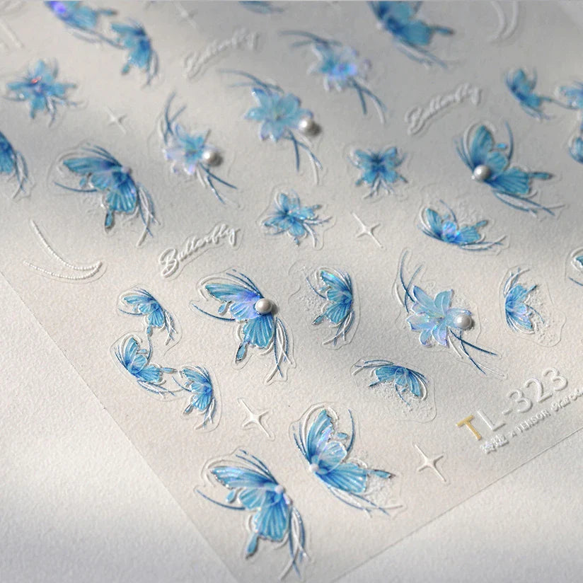 Chic Butterfly Flower Lily Lilium Narcissus Line Beautiful Blue Pearl Self Adhesive Nail Art Stickers Decorations Manicure Decal (Online Order Only)