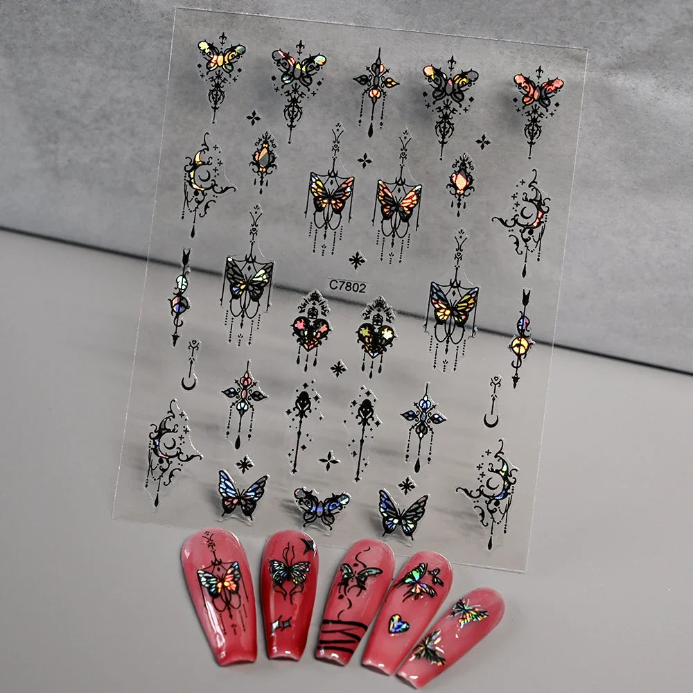 1pcs Butterfly Floral Nail Art Stickers Magic Shell Light Laser Black/White Nail Decoration Butterfly Slider Manicure Ornaments* (Online Order Only)