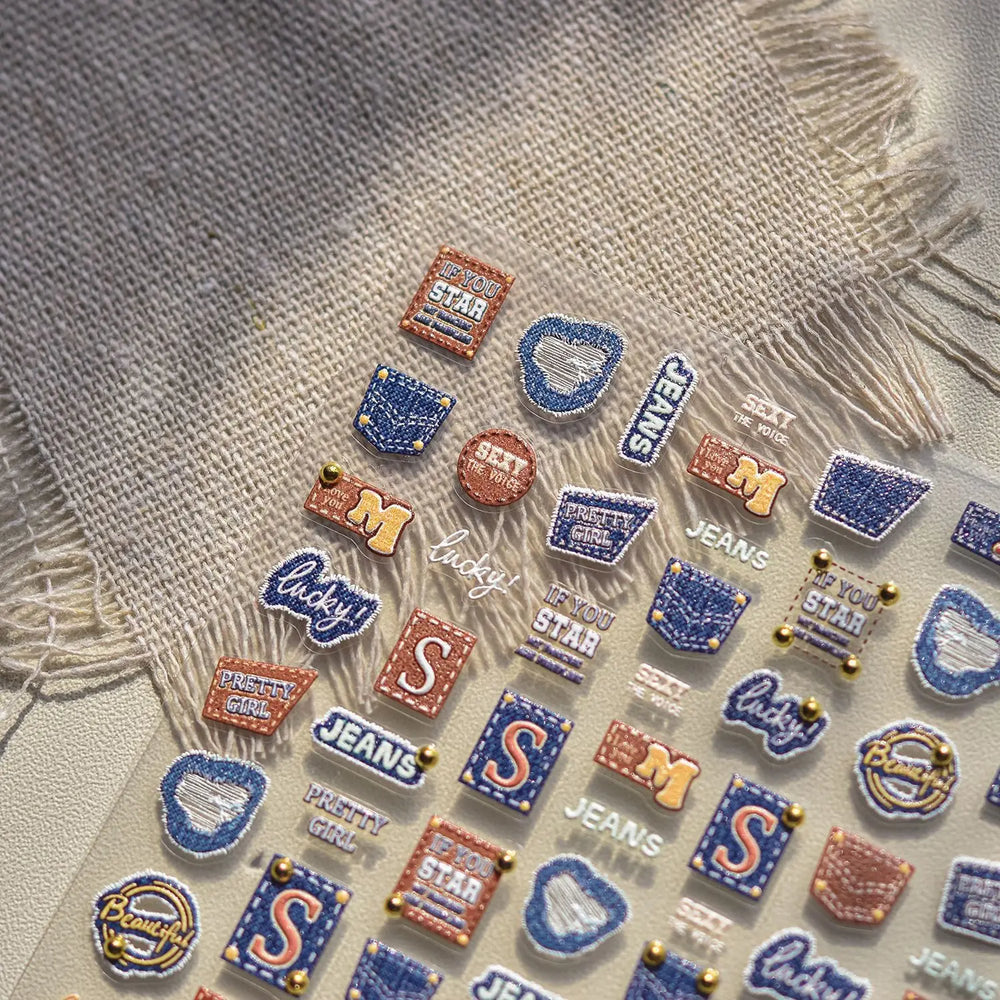 Round Jeans Square Sexy Blue Series Cowboy Lucky Beautiful Letter Self Adhesive Nail Art Sticker Pearl Rhinestone Manicure Decal (ONLINE ORDER ONLY)