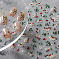 Delicate Chic White Flower Jelly Green Leaves Red Fruits Lily Gardenia Self Adhesive Nail Art Stickers Rhinestone Manicure Decal (Online Order Only)