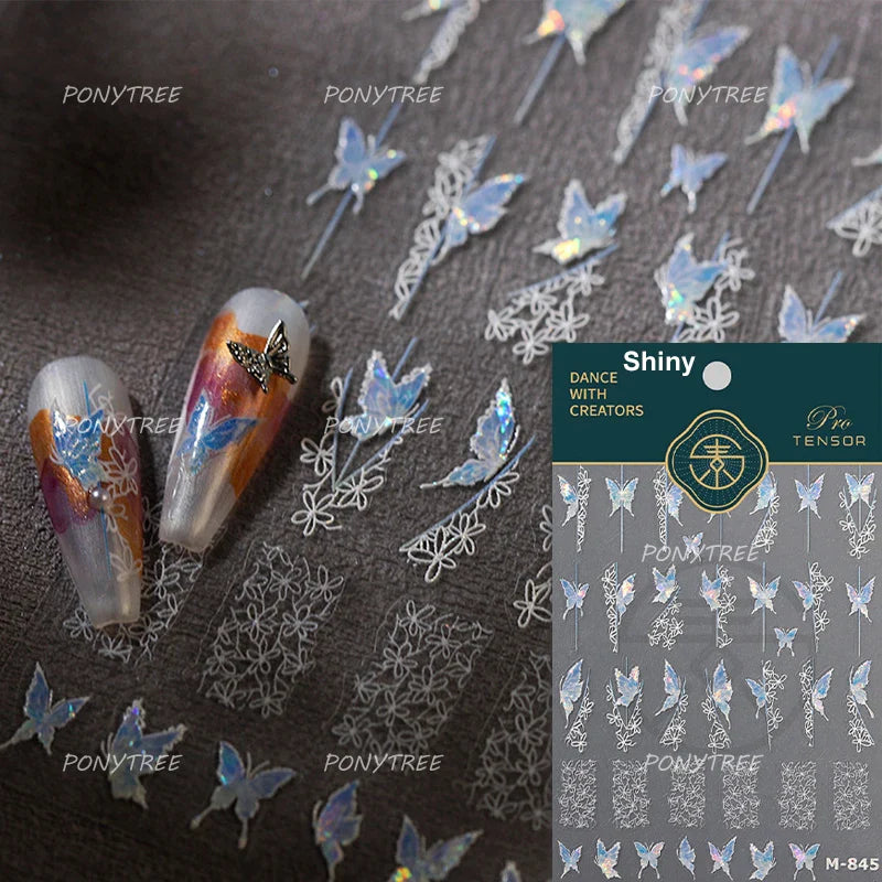 Butterfly Flower Hollow Out Lace Delicate Floral Print Shiny Cloth Block Insect Self Adhesive Nail Art Stickers Manicure Decals (Online Order Only)