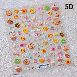 Colorful Food Pudding Alkali Water Bowknot Cream Fork Cup Bread Jelly Fruit Cartoon Cake Relief Nail Art Sticker Manicure Decals (ONLINE ORDER ONLY)