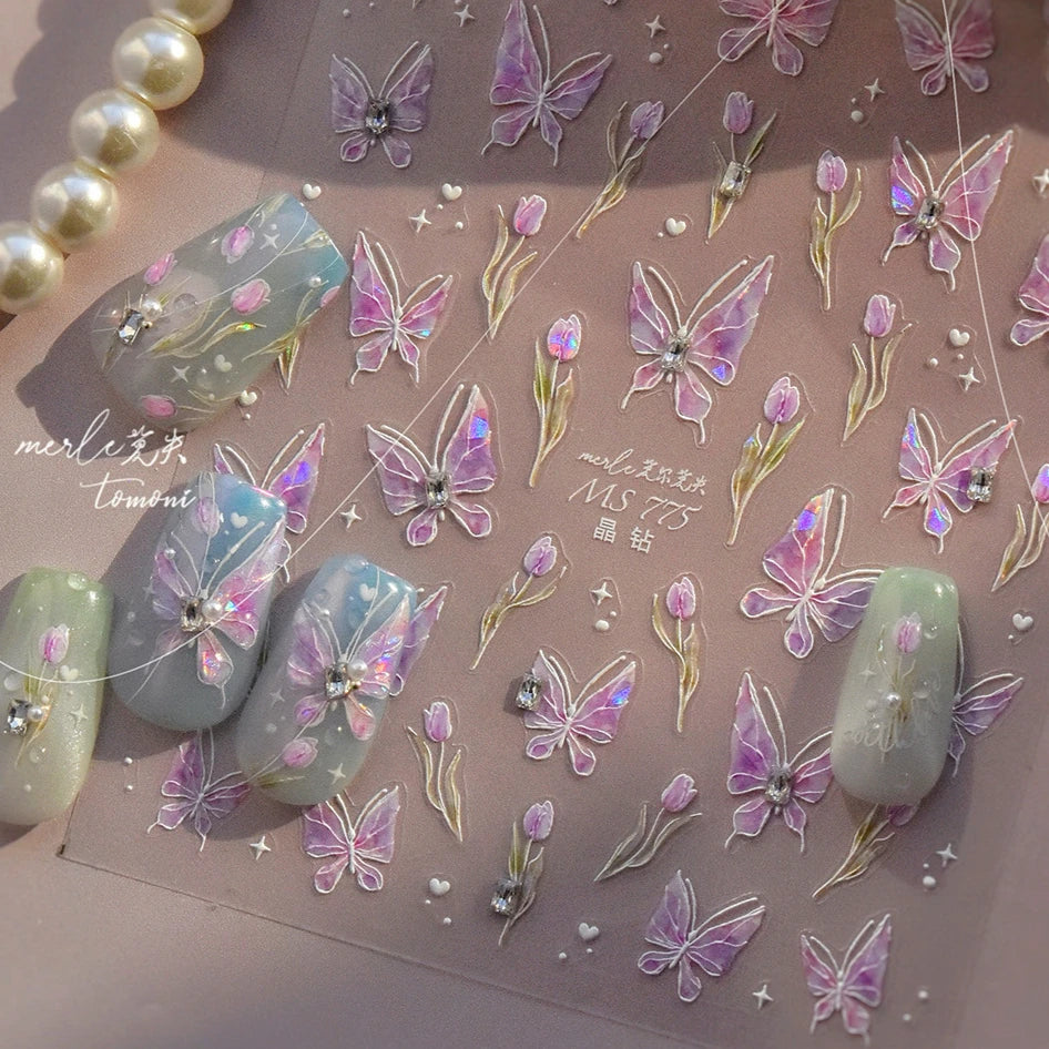 Blue Purple Tulip Flower Butterfly Garden Blossom Floral Charming Delicate 5D Relief Adhesive Nail Art Stickers Manicure Decals (ONLINE ORDER ONLY)