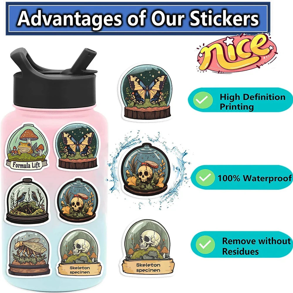 50pcs Glass Animals Taxidermy Pattern Stickers Creative Skeleton Stickers Cute Pretty Cool Aesthetics Cartoon Vinyl Stickers (Online Order Only)