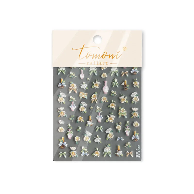 Oil Painting Style Rose Camellia Flower Vase Romantic Candle Holder Bowknot Embossed Adhesive Nail Art Stickers Manicure Decals (ONLINE ORDER ONLY)