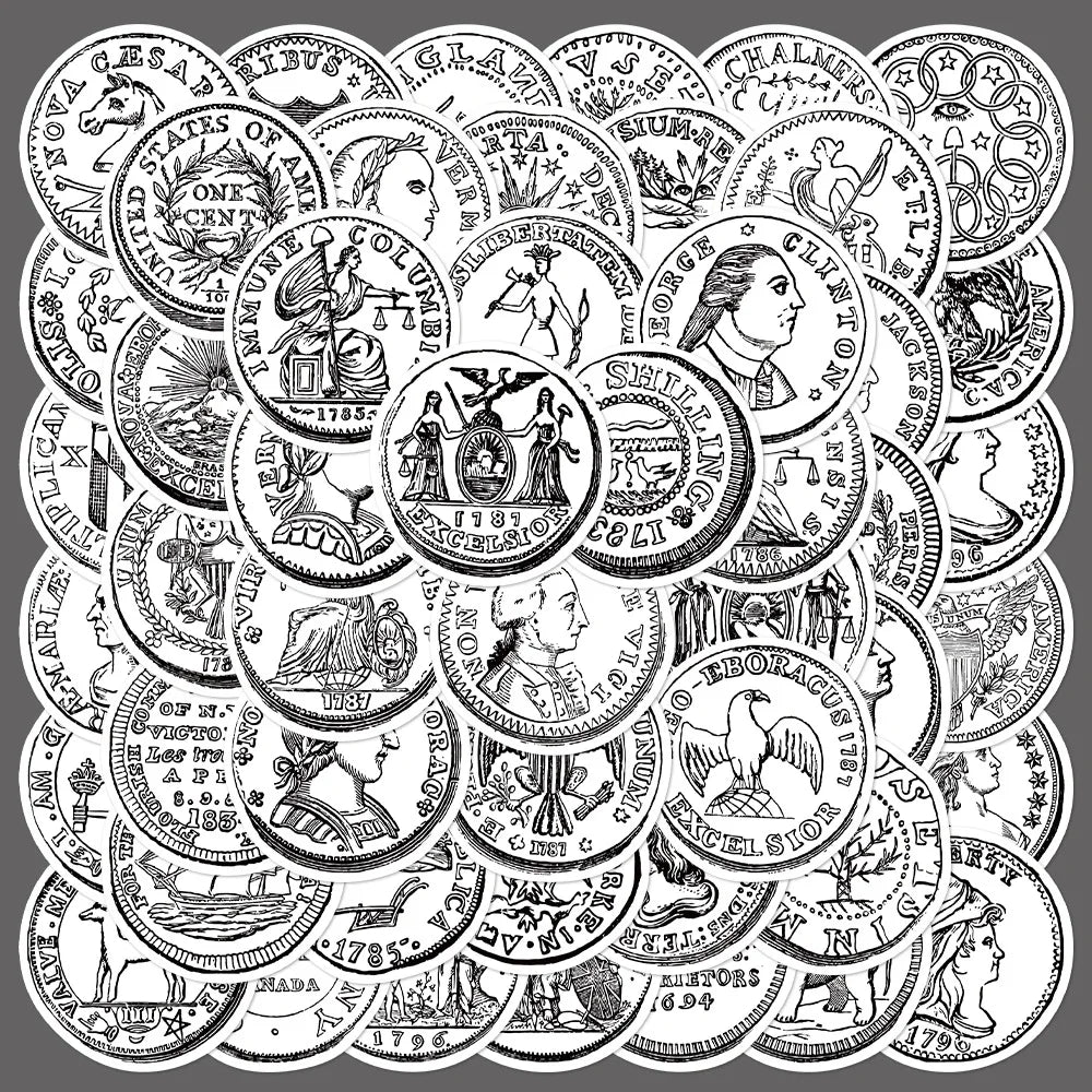 50pcs Retro Coin Graffiti Stickers for Helmets, Walls, DIY Decor (Online Order Only)