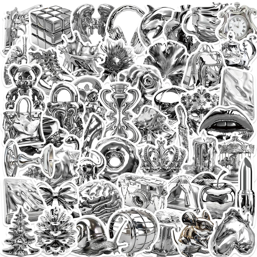 50PCS Cool Silver Stuff Stickers Cartoon Decorative Goods Stickers for Phone Laptop Water Bottle Computer Refrigerator Luggage (ONLINE ORDER ONLY)
