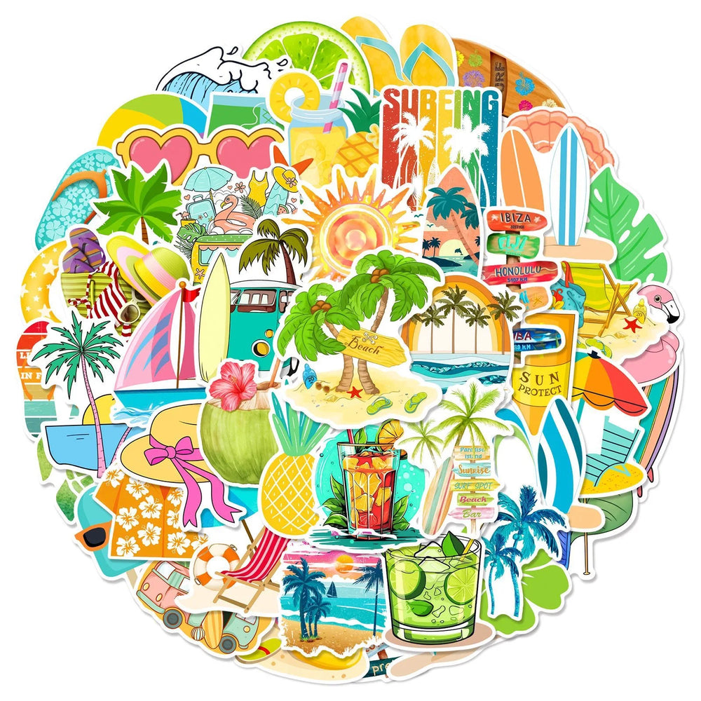 10/50pcs Cute Summer Beach Vacation Aesthetic Stickers Ins Decals Waterproof Scrapbooking Water Bottle Phone Luggage Car Sticker (ONLINE ORDER ONLY)