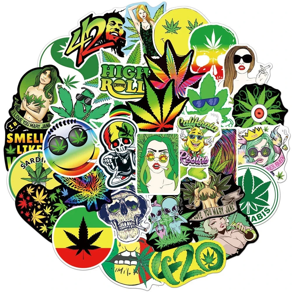 10/30/50PCS Funny Characters Leaves Weed Smoking Stickers Kid Toy PVC Waterproof Decals DIY Suitcase Motorcycle Bike Car Sticker (Online Order Only)