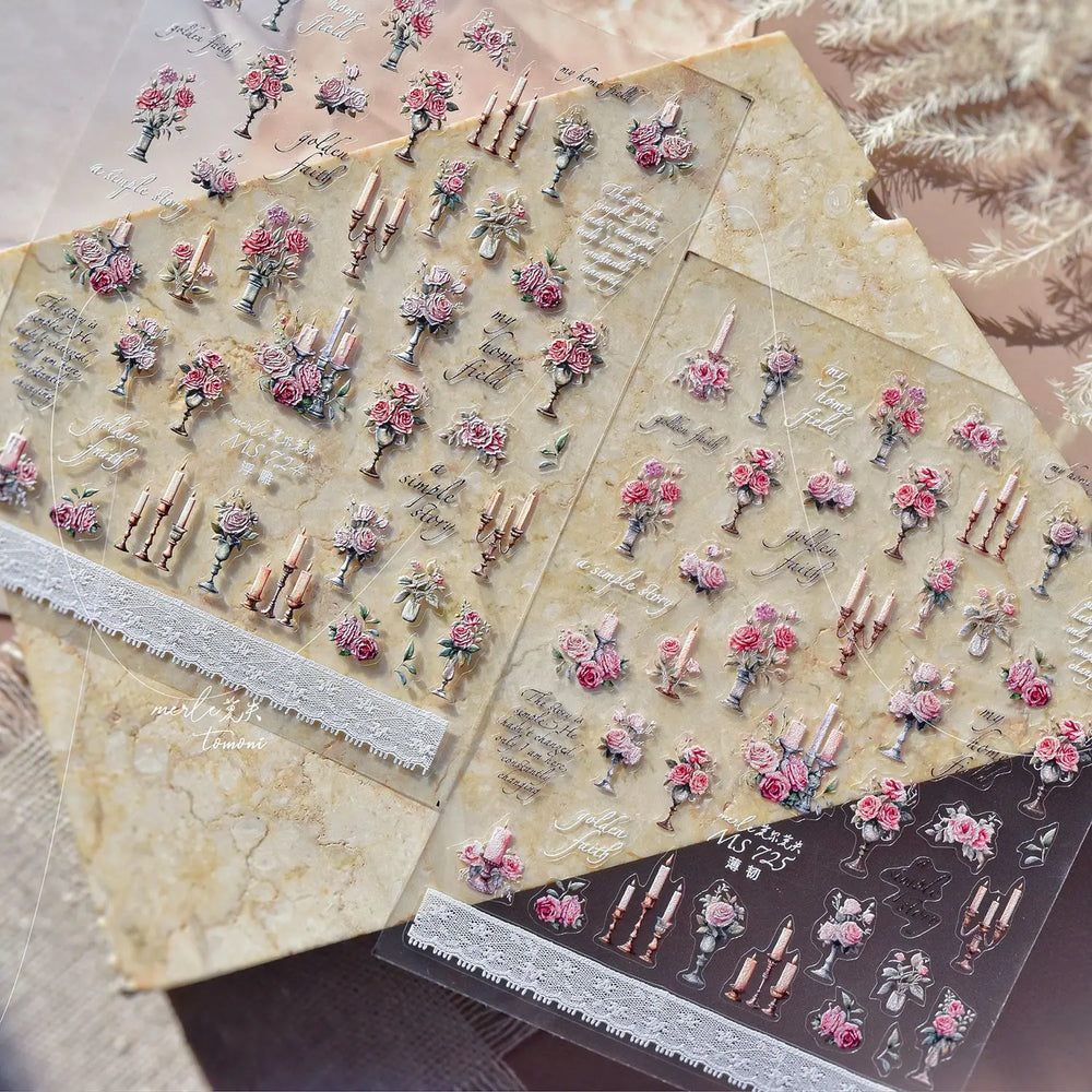 Romantic Candle Holder Lace Rambler Rose Pink Flower Bowknot Candlestick Ribbon Adhesive Nail Art Stickers Shiny Manicure Decals (ONLINE ORDER ONLY)