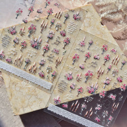 Romantic Candle Holder Lace Rambler Rose Pink Flower Bowknot Candlestick Ribbon Adhesive Nail Art Stickers Shiny Manicure Decals (ONLINE ORDER ONLY)