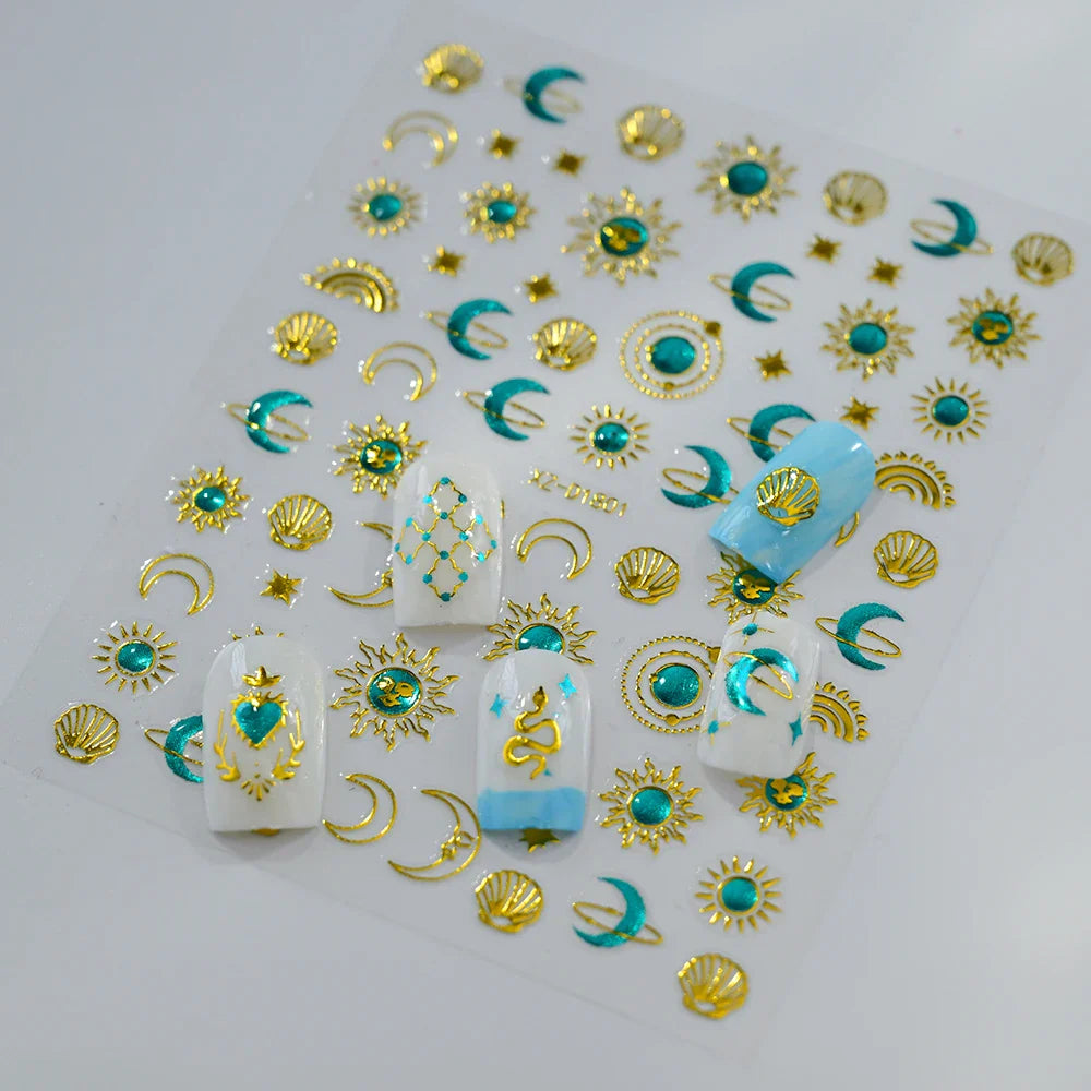 1pc Bohemian Valentine Nail Stickers 3D Self-Adhesive Fantasy Nail Art Glitter Sun, Heart, Lock, Star & Moon Designs Nail Decals (ONLINE ORDER ONLY)