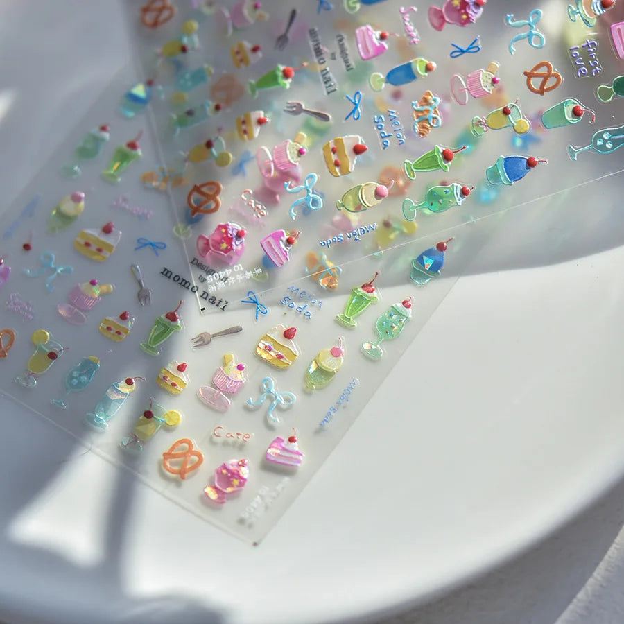 Colorful Food Pudding Alkali Water Bowknot Cream Fork Cup Bread Jelly Fruit Cartoon Cake Relief Nail Art Sticker Manicure Decals (ONLINE ORDER ONLY)