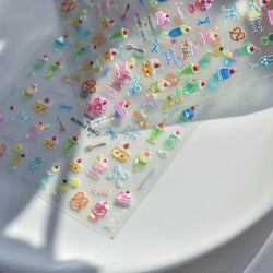 Colorful Food Pudding Alkali Water Bowknot Cream Fork Cup Bread Jelly Fruit Cartoon Cake Relief Nail Art Sticker Manicure Decals (ONLINE ORDER ONLY)