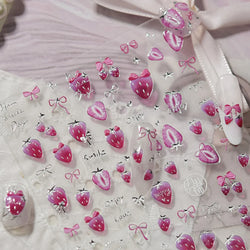 Pink Juicy Strawberry Fruit Cutting Line Ribbon Bowknot Star Happy Sweet Lovely Fruits Delicate Nail Art Stickers Manicure Decal (ONLINE ORDER ONLY)