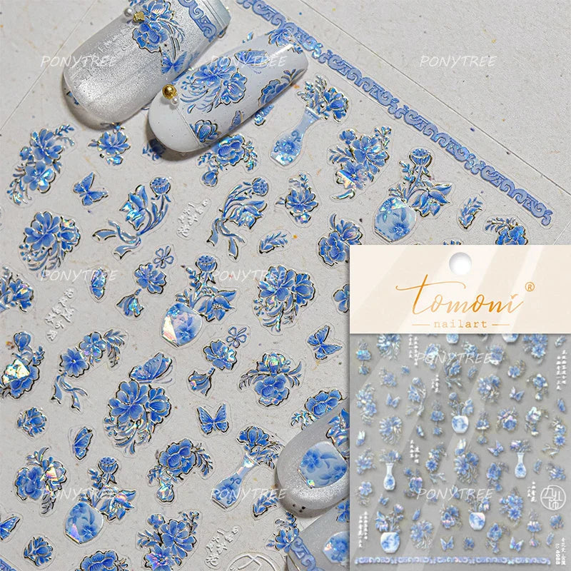 Orchid Daisy Chrysanthemum Peach Blossom Lotus Flower Vase Floral Art Fan Wintersweet Adhesive Nail Art Stickers Manicure Decals (Online Order Only)