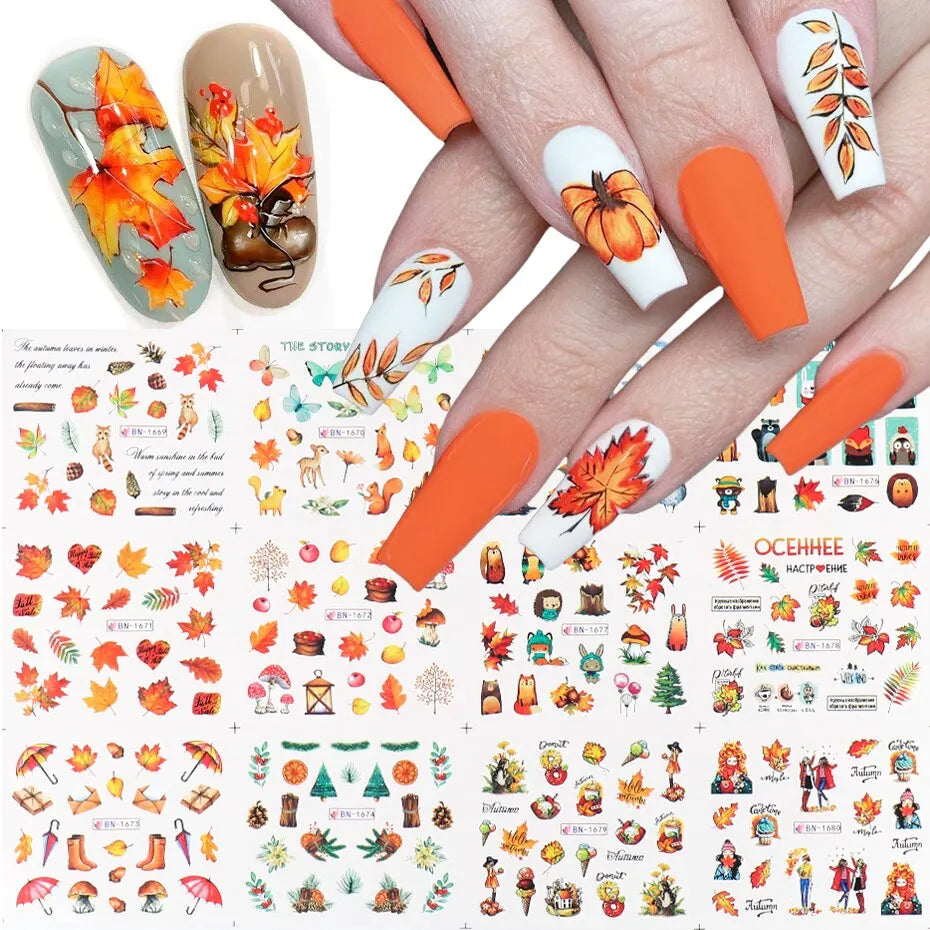 12pcs Fall Gold Leaves Nail Stickers Sliders for Manicure Maple Leaf Nail Art Water Transfer Decals Foils Autumn Decorations (Online Order Only)