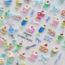 Colorful Food Pudding Alkali Water Bowknot Cream Fork Cup Bread Jelly Fruit Cartoon Cake Relief Nail Art Sticker Manicure Decals (ONLINE ORDER ONLY)