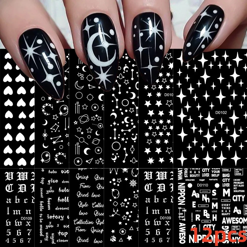 12PCS White Flowers Leaves 3D Nail Stickers Star/Moon/Sun Nail Art Decoration Decals Geometric Flower Stickers Nail Art Supplies (ONLINE ORDER ONLY)