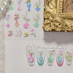 Orchid Daisy Chrysanthemum Peach Blossom Lotus Flower Vase Floral Art Fan Wintersweet Adhesive Nail Art Stickers Manicure Decals (Online Order Only)