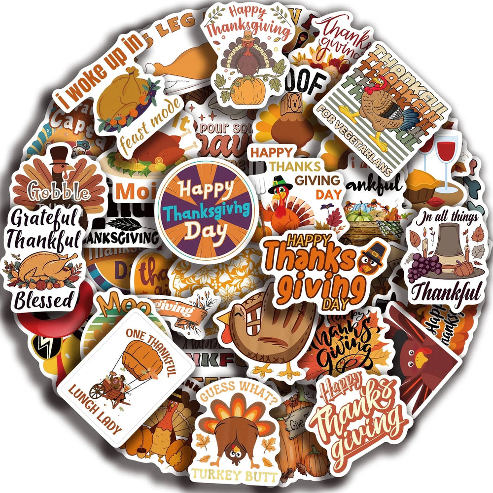 50pcs Cartoon Thanksgiving Day Sticker Funny Pumpkin Turkey Autumn Maple Leaf Graffiti Decals DIY Laptop Luggage Skateboard (Online Order Only)