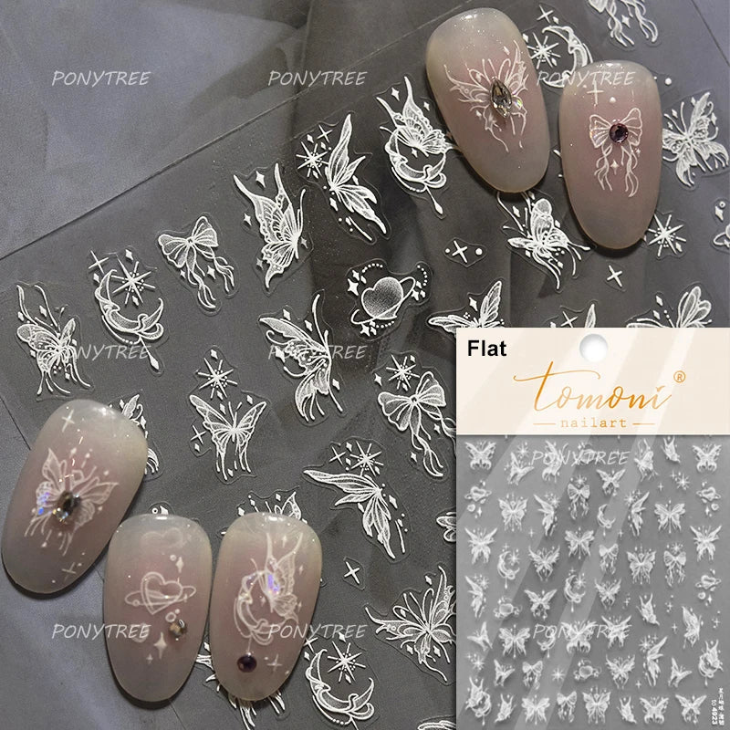 Dreamy Moon Stars Love Heart Butterfly Bowknot Lace Shiny Starburst Ribbon Delicate Adhesive Nail Art Stickers Manicure Decals (Online Order Only)