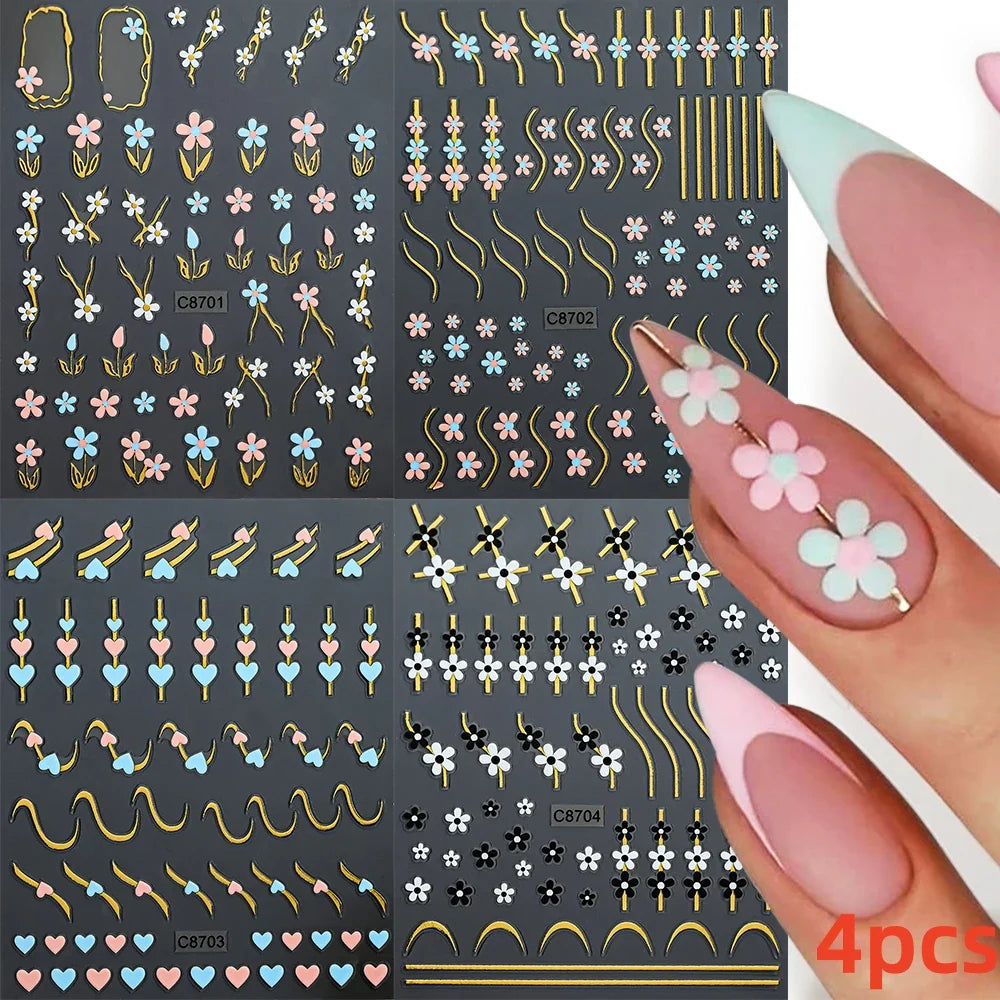 5/8Pcs 3D Hawaiian Flowers Nail Art Stickers Summer Decors with Tropical Leaves Slider Vibrant Pink & White Flowers for Parties* (ONLINE ORDER ONLY)