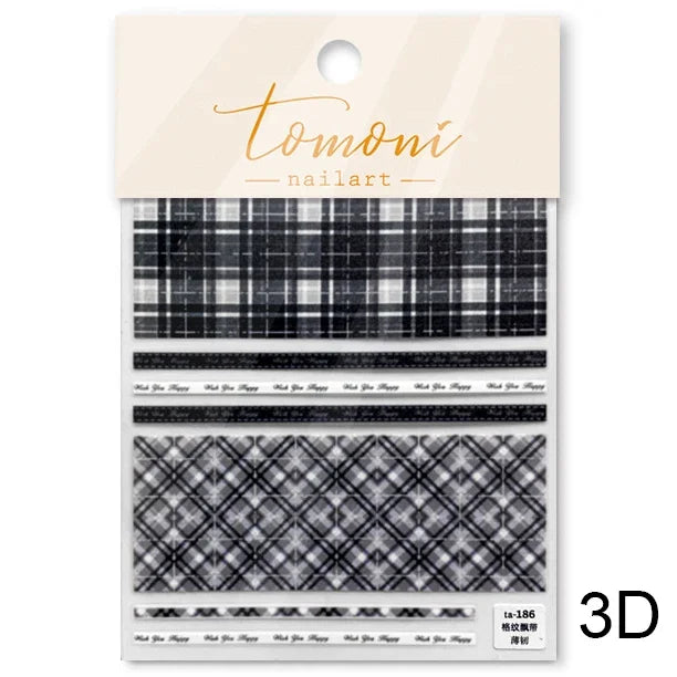 French Style Geometric Black White Square Grid Rhombus Stripe 3D Self Adhesive Nail Art Stickers Shiny Rhinestone Manicure Decal (ONLINE ORDER ONLY)