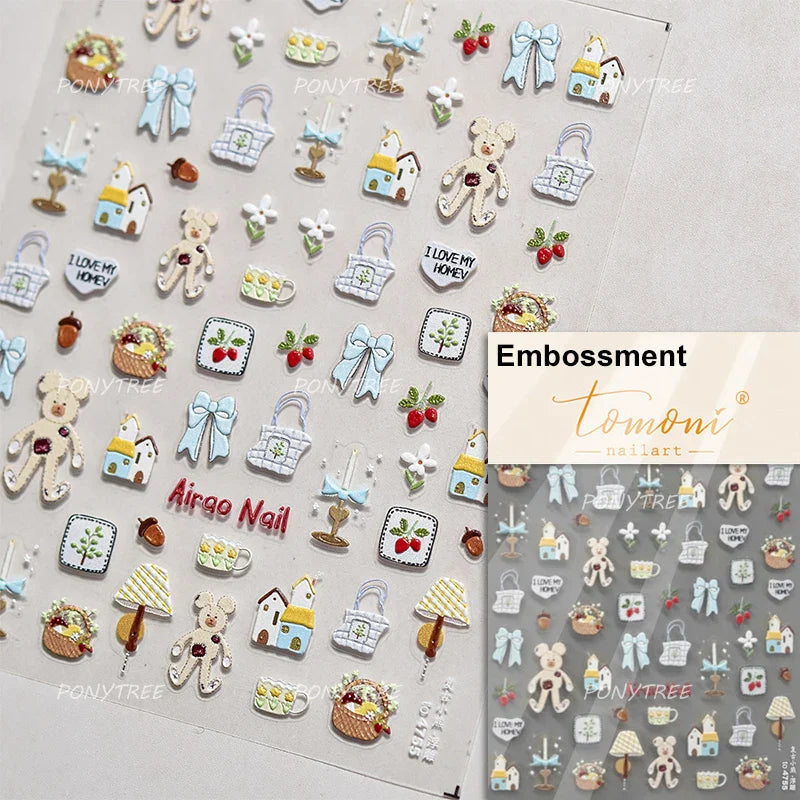 Cute Pet Creamy Rabbit Bear Dog Ribbon Bowknot Lamb Red Painted Heartbeat Flowers Adhesive Nail Art Stickers 3D Manicure Decals (Online Order Only)