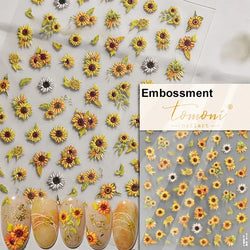 Gradient Coloredful Flower Petal Green Leaf Dreamy Shiny Chinese Rose Fantasy Relief Adhesive Nail Art Stickers Manicure Decals (Online Order Only)