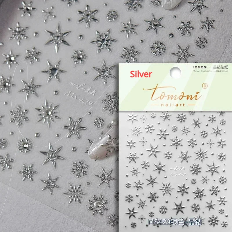 Hot Stamping Romantic White Gold Snowflakes Hexagon Winter 3D Self Adhesive Nail Art Stickers Shiny Rhinestone Manicure Decals (Online Order Only)