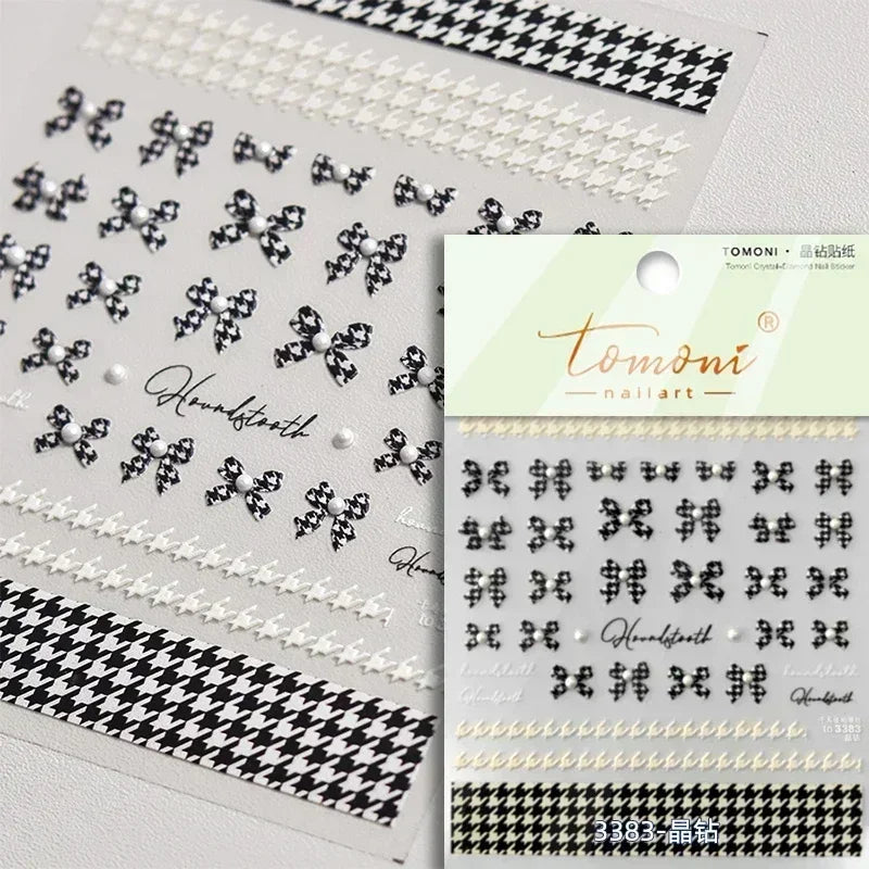 Geometric French Style Colorful Square Grid Rhombus Line Stripe Bowknot 3D Self Adhesive Nail Art Stickers Shiny Manicure Decals (ONLINE ORDER ONLY)