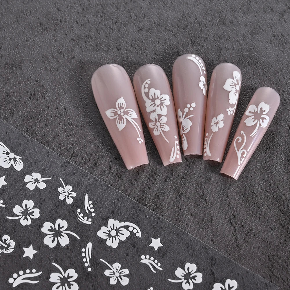 5/8Pcs 3D Hawaiian Flowers Nail Art Stickers Summer Decors with Tropical Leaves Slider Vibrant Pink & White Flowers for Parties* (ONLINE ORDER ONLY)