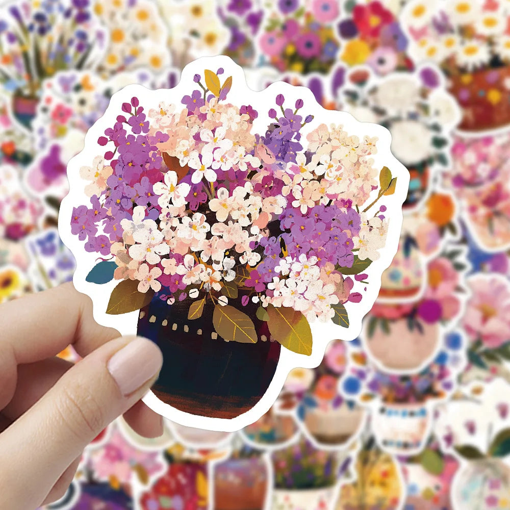 10/30/54PCS Hand Painted Flowers Stickers Flowers in Cup DIY Toy Potted Plants Sticker Laptop Phone Guitar Car Bike Skateboard (ONLINE ORDER ONLY)