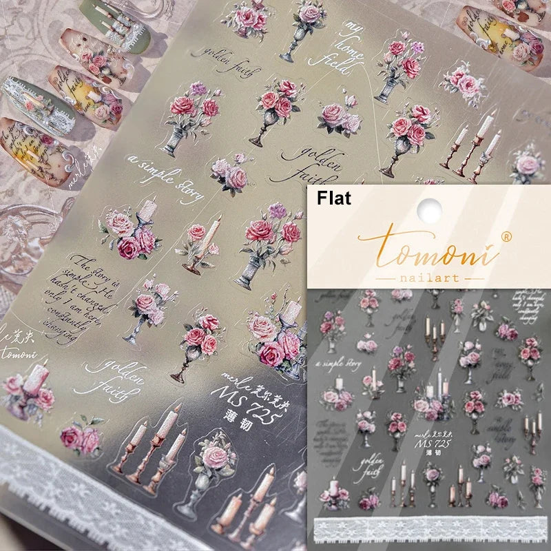 Romantic Candle Holder Lace Rambler Rose Pink Flower Bowknot Candlestick Ribbon Adhesive Nail Art Stickers Shiny Manicure Decals (ONLINE ORDER ONLY)