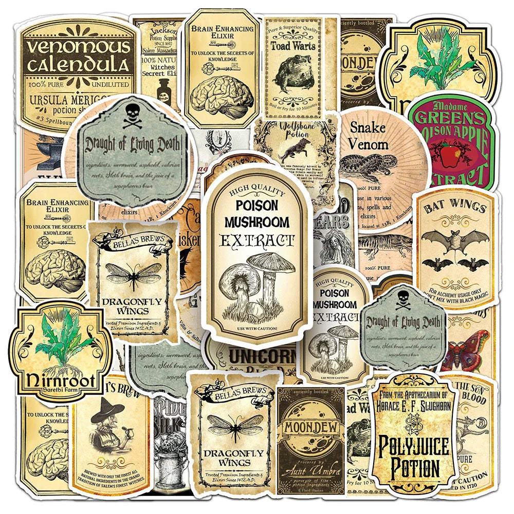 10/30/50pcs Vintage Magic Potion Label Sticker Packs (ONLINE ORDER ONLY)