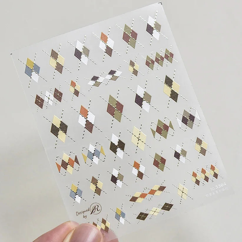 French Style Geometric Black White Square Grid Rhombus Stripe 3D Self Adhesive Nail Art Stickers Shiny Rhinestone Manicure Decal (ONLINE ORDER ONLY)