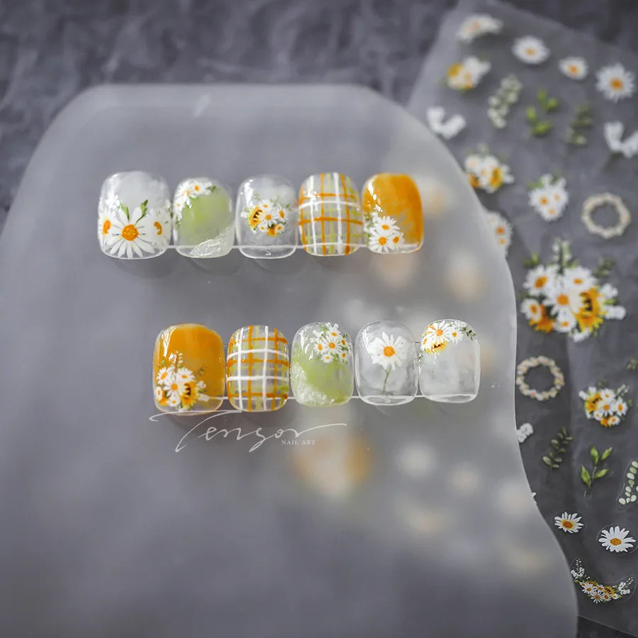 White Daisy Sunflower Green Leaves Wreath Garland Flower Cluster Bouquet Flat Adhesive Nail Art Sticker Manicure Decals Supplies (Online Order Only)