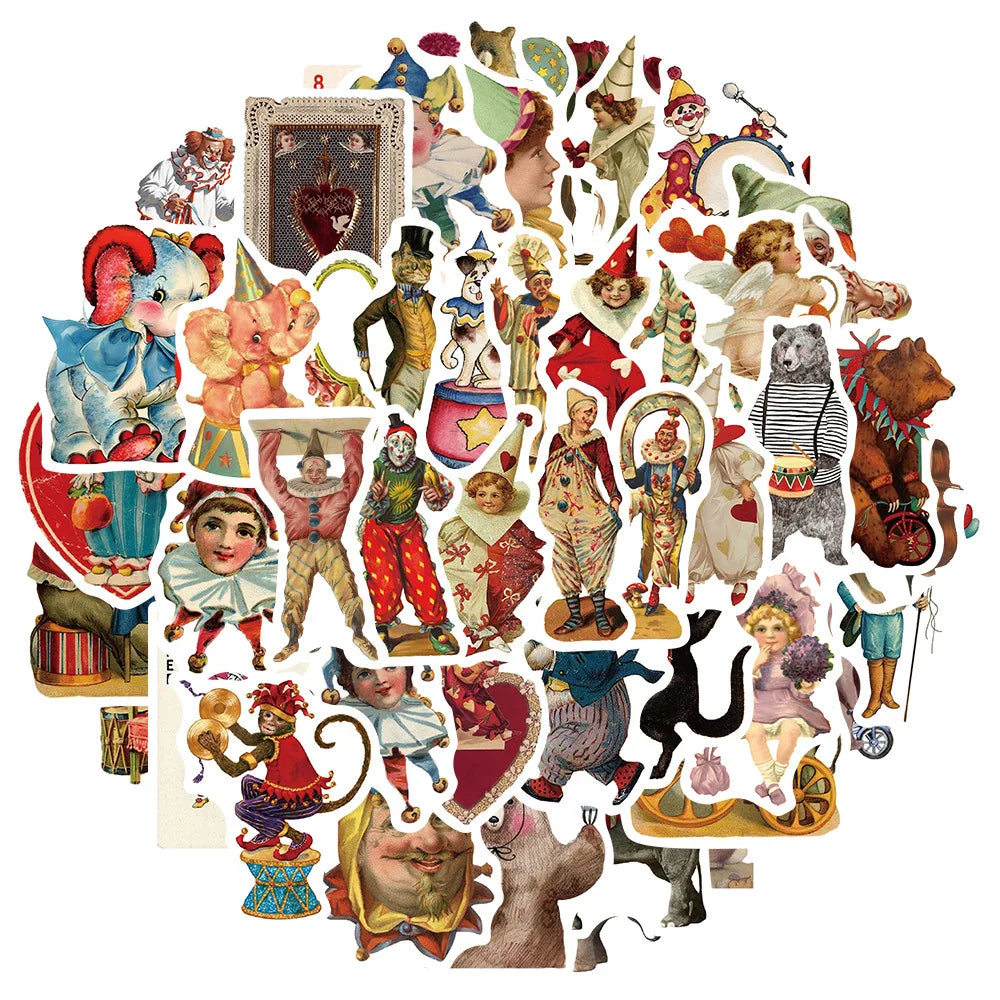 Retro Circus Graffiti Decal Stickers for Laptop, Motorcycle, Luggage, Snowboard, Fridge, Phone, Car - 10/30/50pcs (ONLINE ORDER ONLY)