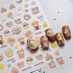 Cute Bear Teddy Birthday Party Maillard Bear Cake Flower Bouquet Lucky Love Heart 5D Adhesive Nail Art Sticker Manicure Decals (Online Order Only)