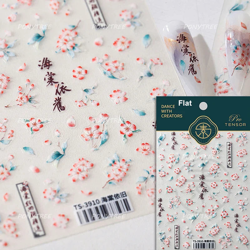 Pink Purple Orchid Hibiscus Rosa-sinensis Flower Butterfly Antique Lattice Window Adhesive Nail Art Stickers  Manicure Decals (Online Order Only)