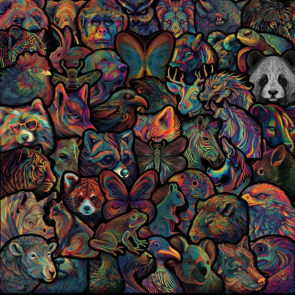 10/50pcs Cool Psychedelic Dark Art Line Animals Stickers Aesthetic Decals DIY Skateboard Guitar Laptop Motorcycle Sticker (Online Order Only)