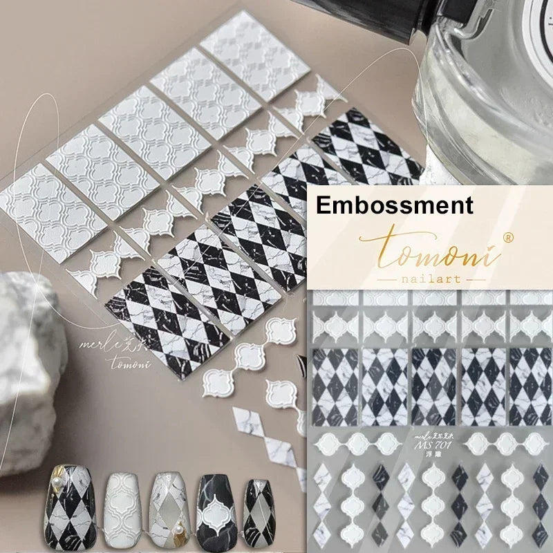 Geometric French Style Colorful Square Grid Rhombus Line Stripe Bowknot 3D Self Adhesive Nail Art Stickers Shiny Manicure Decals (ONLINE ORDER ONLY)