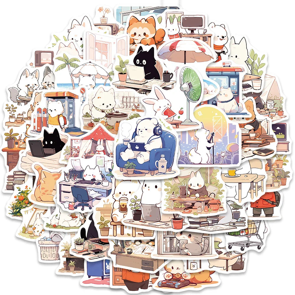 50pcs Cute Cartoon Animals Daily Life Stickers Vinyl Laptop Decals Luggage Skateboard Guitar Phone Waterproof Graffiti (ONLINE ORDER ONLY)