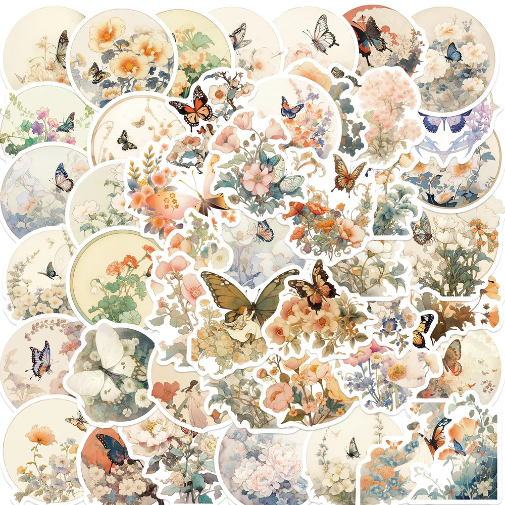50PCS Ins Cute Butterfly Flower Cartoon Stickers Aesthetic DIY Diary Suitcase Scrapbook Phone Laptop Kawaii Decal Sticker (Online Order Only)