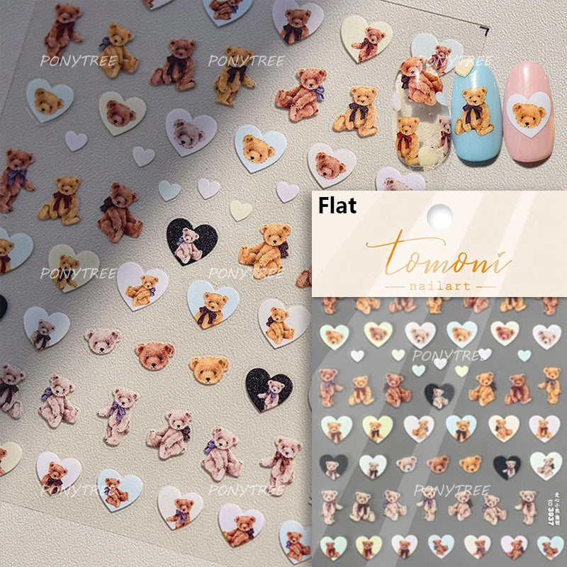 Cute Bear Teddy Birthday Party Maillard Bear Cake Flower Bouquet Lucky Love Heart 5D Adhesive Nail Art Sticker Manicure Decals (Online Order Only)