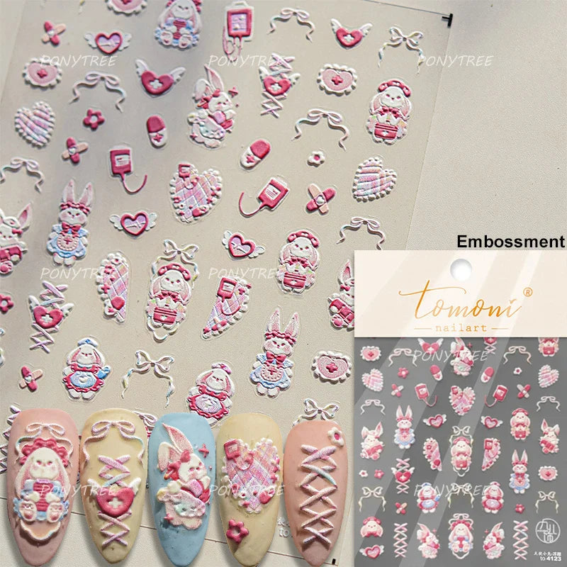 Cream Wind Cat Rabbit Kitten Bunny Bowknot Flower Butterfly Cake Cherry Tulip 5D Self Adhesive Nail Art Stickers Manicure Decals (Online Order Only)